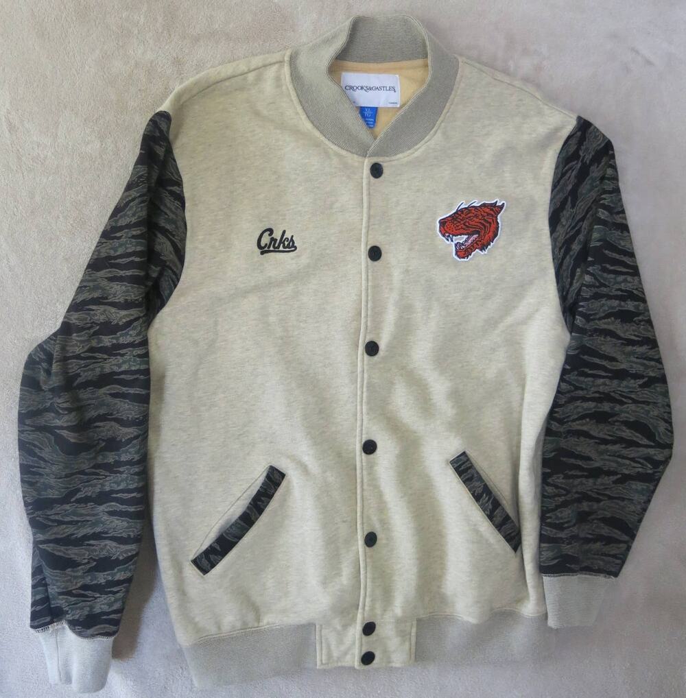 CROOKS & CASTLES Varsity Bomber Jacket Size XL Men Streetwear Hop Hop Gray Urban
